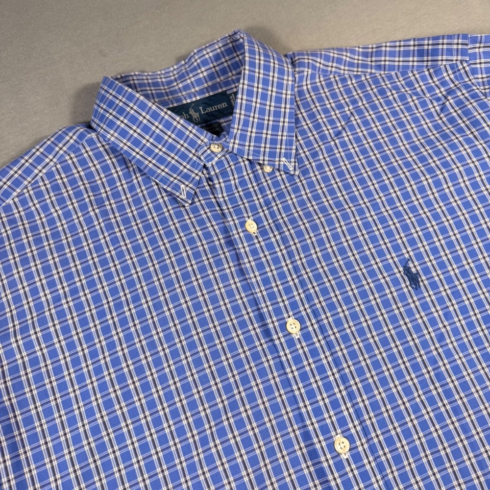 Ralph Lauren Yarmouth Mens 16.5 34/35 Blue Plaid Cotton Button Down Dress‎ Shirt
